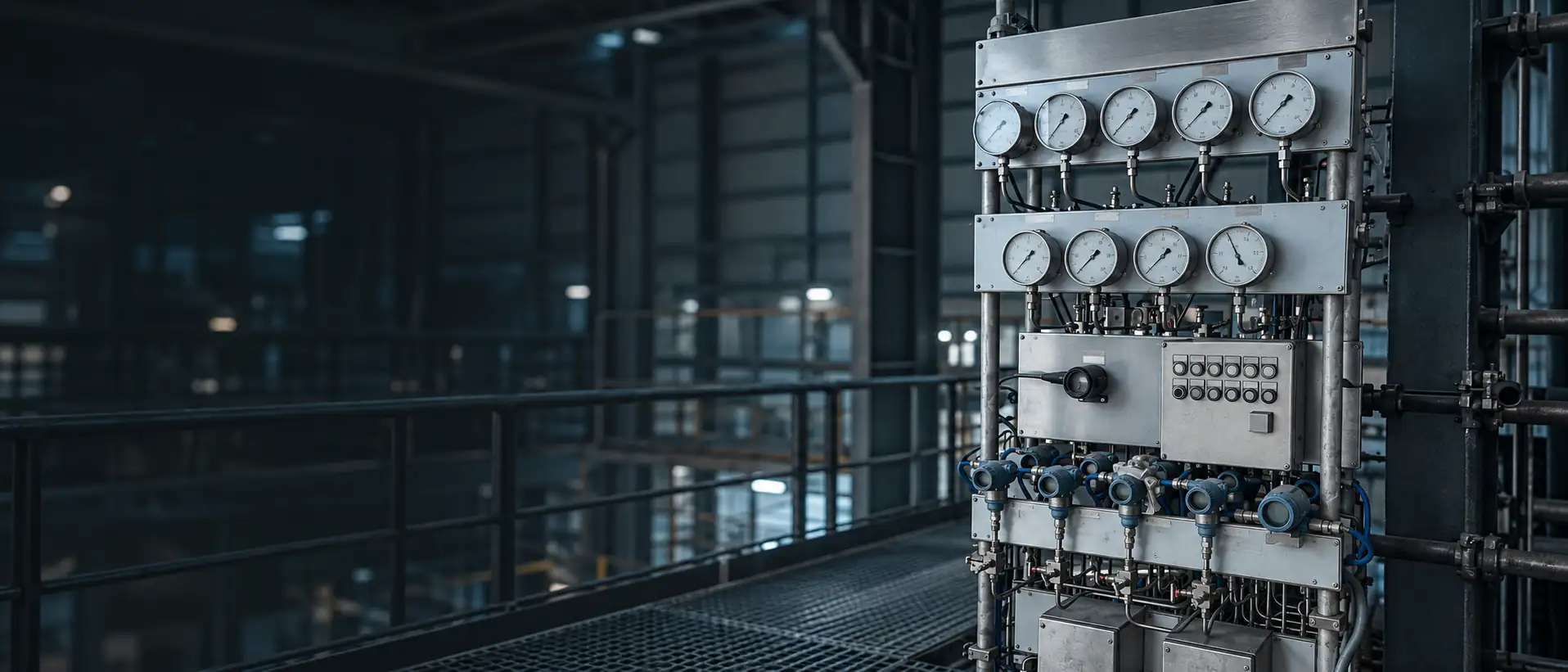 Stainless-steel instrument rack with two rows of pressure gauges, pressure transmitters and junction boxes beside a grated walkway in a dim industrial hall.