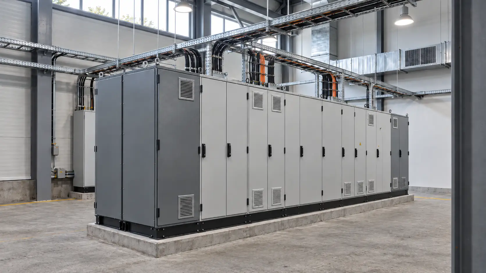 Row of closed grey floor-standing electrical cabinets fed from overhead cable trays, on the concrete floor of a bright equipment room.